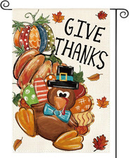 Thanksgiving Turkey Garden Flag 12X18 Inch Double Sided, Give Thanks Pumpkin Hol