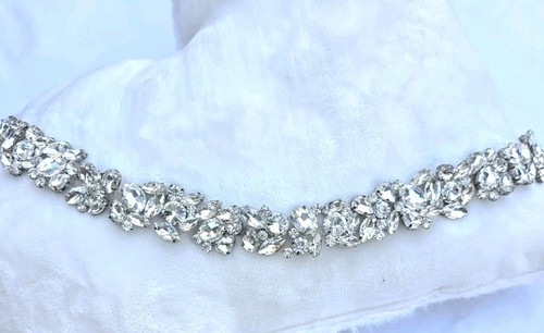 Vintage Style Rhinestone Bridal Belt Sash Applique Silver Tone Crystal Wedding