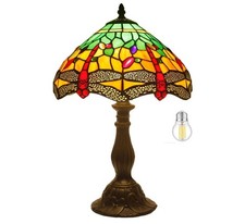 Tiffany Table Lamp Green Yellow Stained Glass Dragonfly Style Bedside Lamp Read