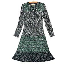 Michael Kors Green Navy Floral Paisley Smocked Waist Tie Neck Midi Dress Size M