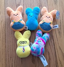 Lot Of 5 Stuffed Easter Peeps 6 Plush Yellow Peach 2 Tie Dye Blue Bunnies