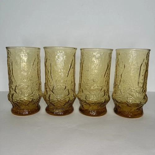 (4) Vintage Anchor Hocking Amber Rainflower 16oz Flat Tumblers 6” Drinking Glass