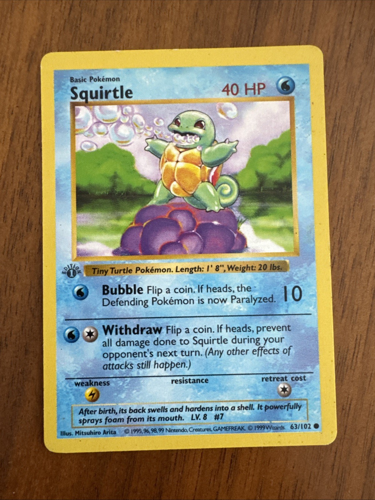 1999 Pokémon TCG Squirtle Base Set #63/102 Shadowless 1st Edition LP