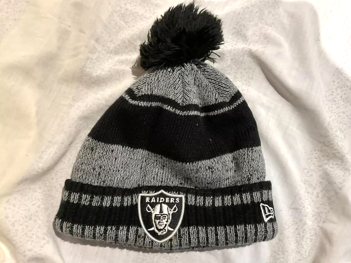 NFL Raiders Winter Hat Football Team Black Gray Striped Knit Beanie Pompom NWOT