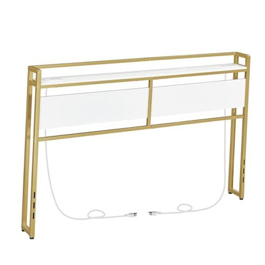 Queen Size White Gold Headboard with 6 Charging Ports (2 Outlets + 4 USB)  -image