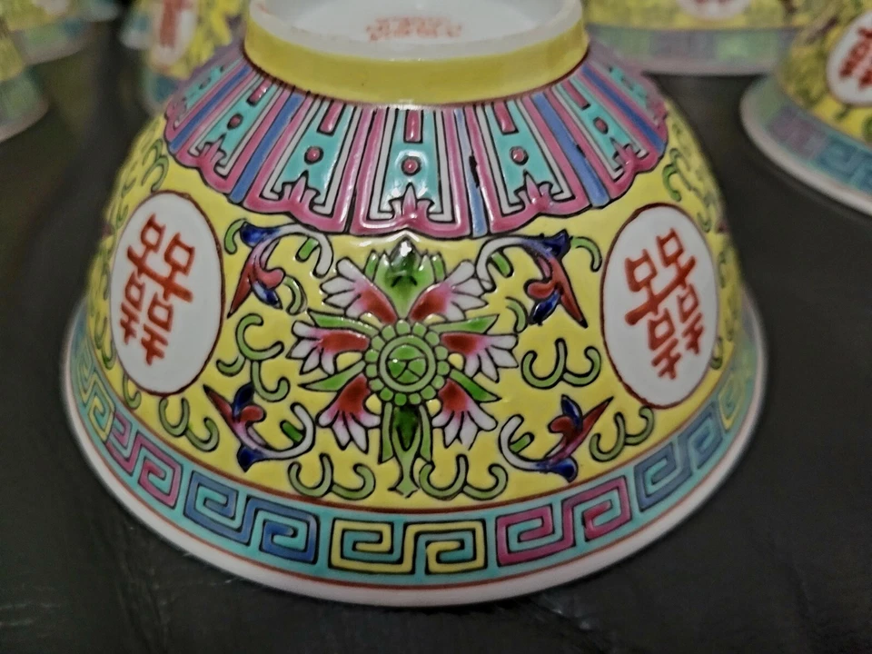 12 китайских рисовых чаш для долголетия с маркировкой ручной росписью фамильный розовый желтый редкий набор - Изображение 2 из 4