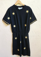 Vtg Westbound Beach Mini Dress Medium Black Cotton Knit Gold Stars Short Sleeve