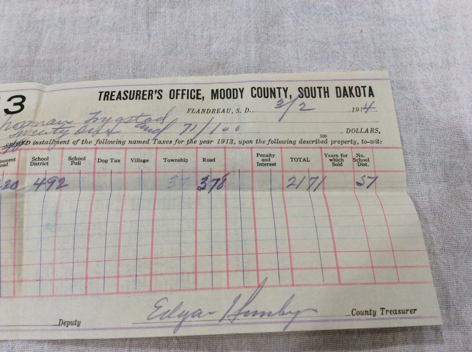 1913 Treasure’s Office Moody County South Dakota Flandreau Norman