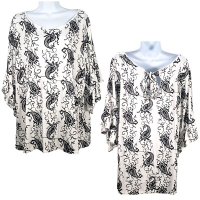 Forgotten Grace Embroidered Paisley Flutter Sleeve Back Tie Top B&W Size 1X NWT
