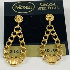 MONET Vintage 90s Gold Tone Chain Design Dangle Pierced Earrings NEW OLD STOCK