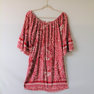 Umgee Womens Red Floral Paisley Pockets Off Shoulder Mini Dress Size S