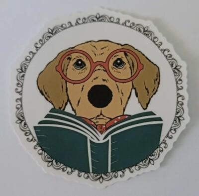 Dog With Glasses Reading Book Multicolor Sticker Decal Super Cute Embellishment
