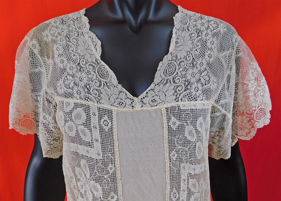 Blusa Camisola Eduardiana Rosa Seda Blanca Valenciennes Bobbin Encaje Peplum De Colección Foto 3 de 4