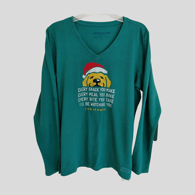 Life Is Good I'll Be Watching You Santa Dog Crusher Tee Dark Green Women's M