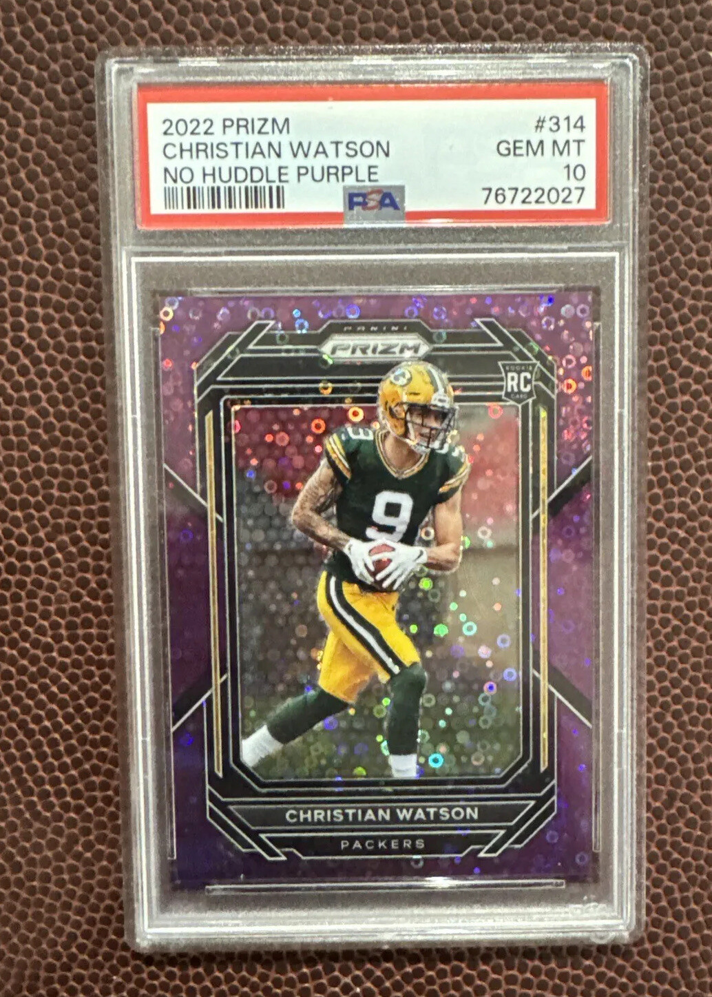 2022 PANINI PRIZM CHRISTIAN WATSON #314 NO HUDDLE PURPLE /35 PSA 10 ROOKIE RC