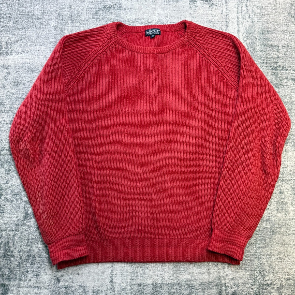 VTG Lands End Sweater Mens Large Tall Red Chunky Ribbed Knit 