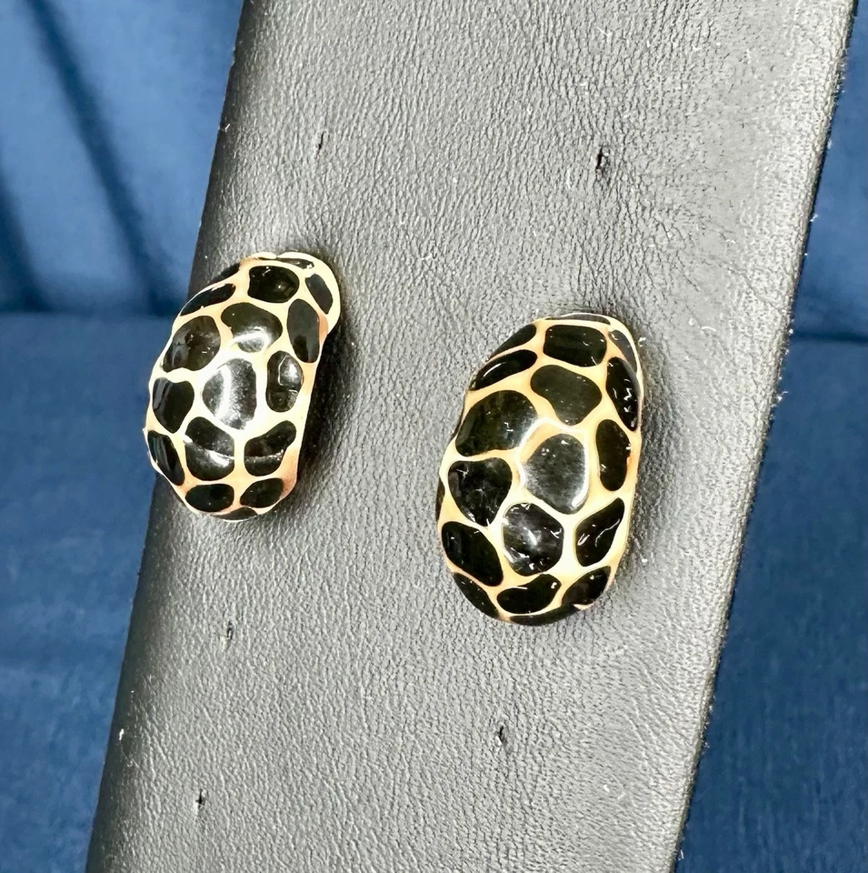 Kenneth Jay Lane Signed KJL Cheetah Leopard Black Beige Pierced Earrings - Image 3 of 4