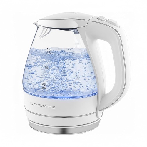 1.6 Quart White Fast Boiling Electric Glass Kettle 1100W Ovente Water Boiler