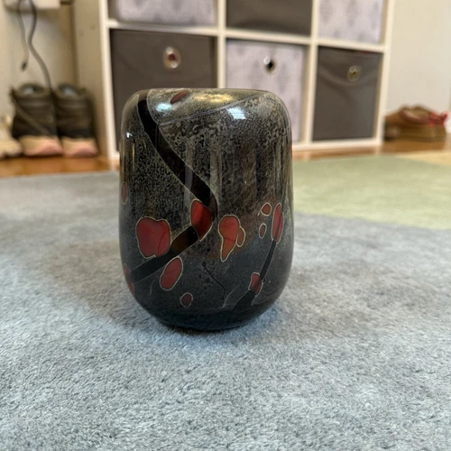 Vintage Art Glass Signed Murano Style Volcano Vase Black/Red