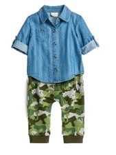 Cat  Jack Infant Boys 2Pc Baby Outfit Blue Denim Shirt  Dino Camo Pant Set 0-3