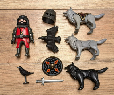 Konvolut Playmobil WOLFSRITTER Figur mit WÖLFEN Hunden, Rabe, Schwert & Schild