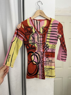 VTG NOUN PARIS 90s Y2K Top Orange Pink Gum 3/4 Sleeve Size XS / SMALL