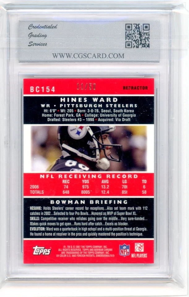 2007 Bowman Chrome Gold Refractor #BC154 Hines Ward No 11 of 50 - Image 2 of 2