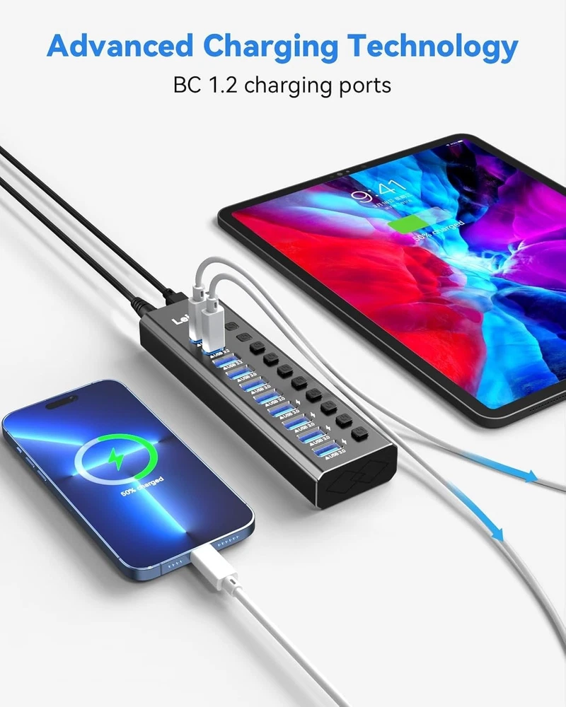 Powered USB Hub 3.2,  10-Port USB 3.2/USB C Hub (10Gbps USB-A 3.2 +2 USB-C 3.2 +