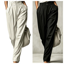 Women's Solid Color High Waist Draped Trousers Polyester Stretch Casual Pants
