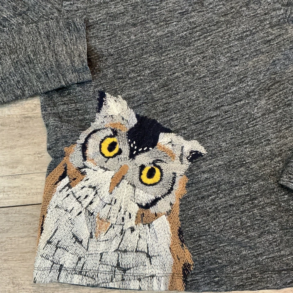 Mini Boden Boys Gray Long Sleeve Owl Embroidered T-Shirt Top Size xs - Image 2 of 4