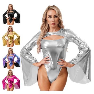 Damen Metallic Shiny Flared Sleeve Leotard Front High Cut Bodysuit Clubwear