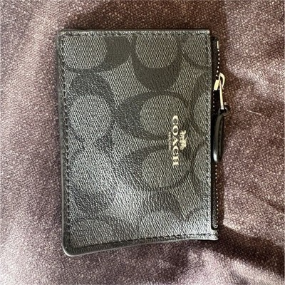 Coach Black/Gray Signature Logo Zip Card Wallet Card Case w/ ID Window