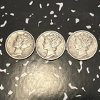 3 Silver Mercury 90 %  Dimes -XF - 1940 S - 1942 S - 1943 S. All Nice XF.