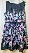 TALBOTS RSVP BLACK WITH PINK & BLUE FLOWERS FIT & FLARE DRESS WOMENS SIZE 12