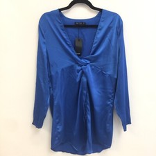 NWT Nasty Gal Knot Front Shirt Dress Mini Blue Satin Long Slv Party NWT Size 8