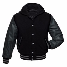 Real Hooded Black Wool Varsity Jacket Dark Grey Letterman Leather Sleeves Hoodie