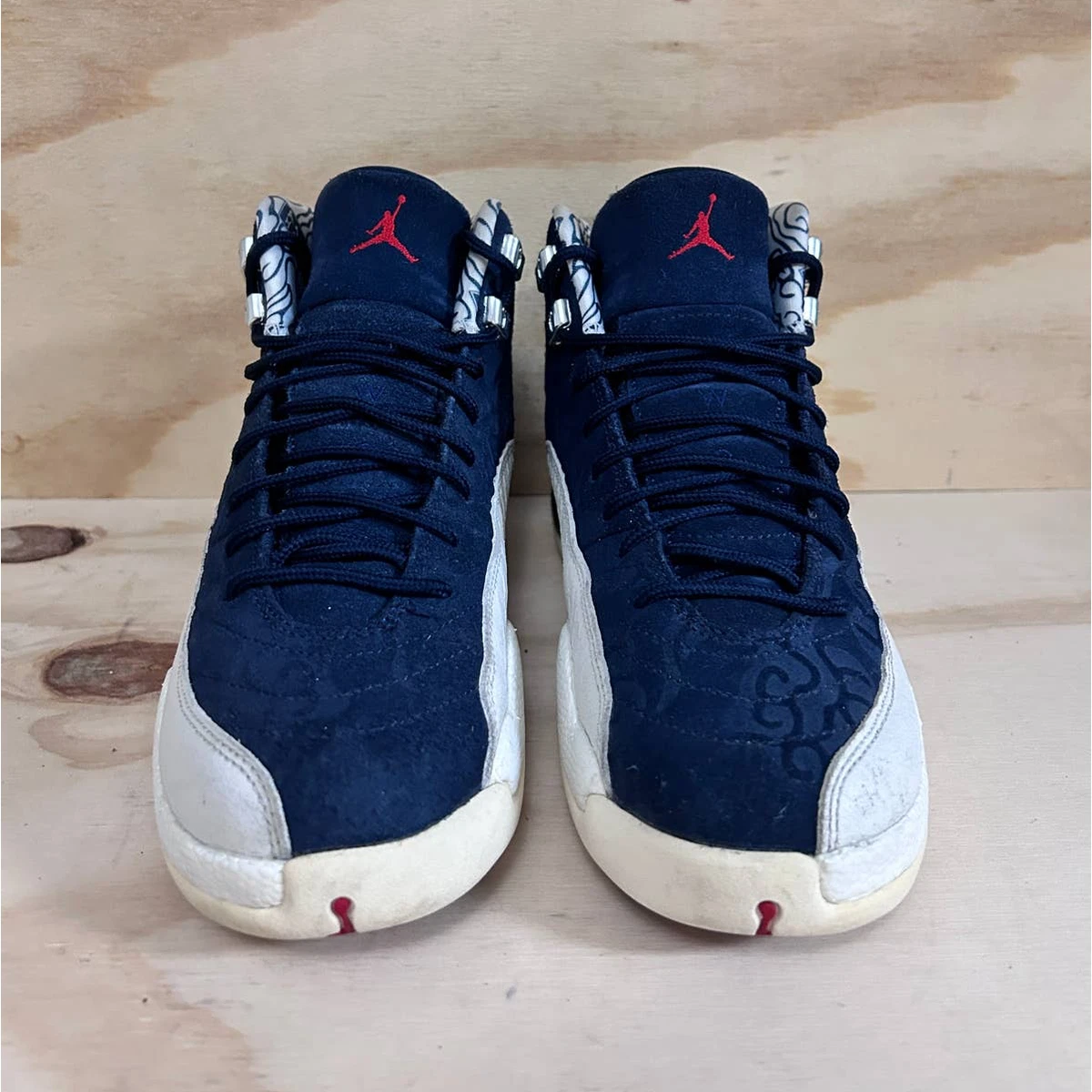 Jordan 12 white and navy blue cheap