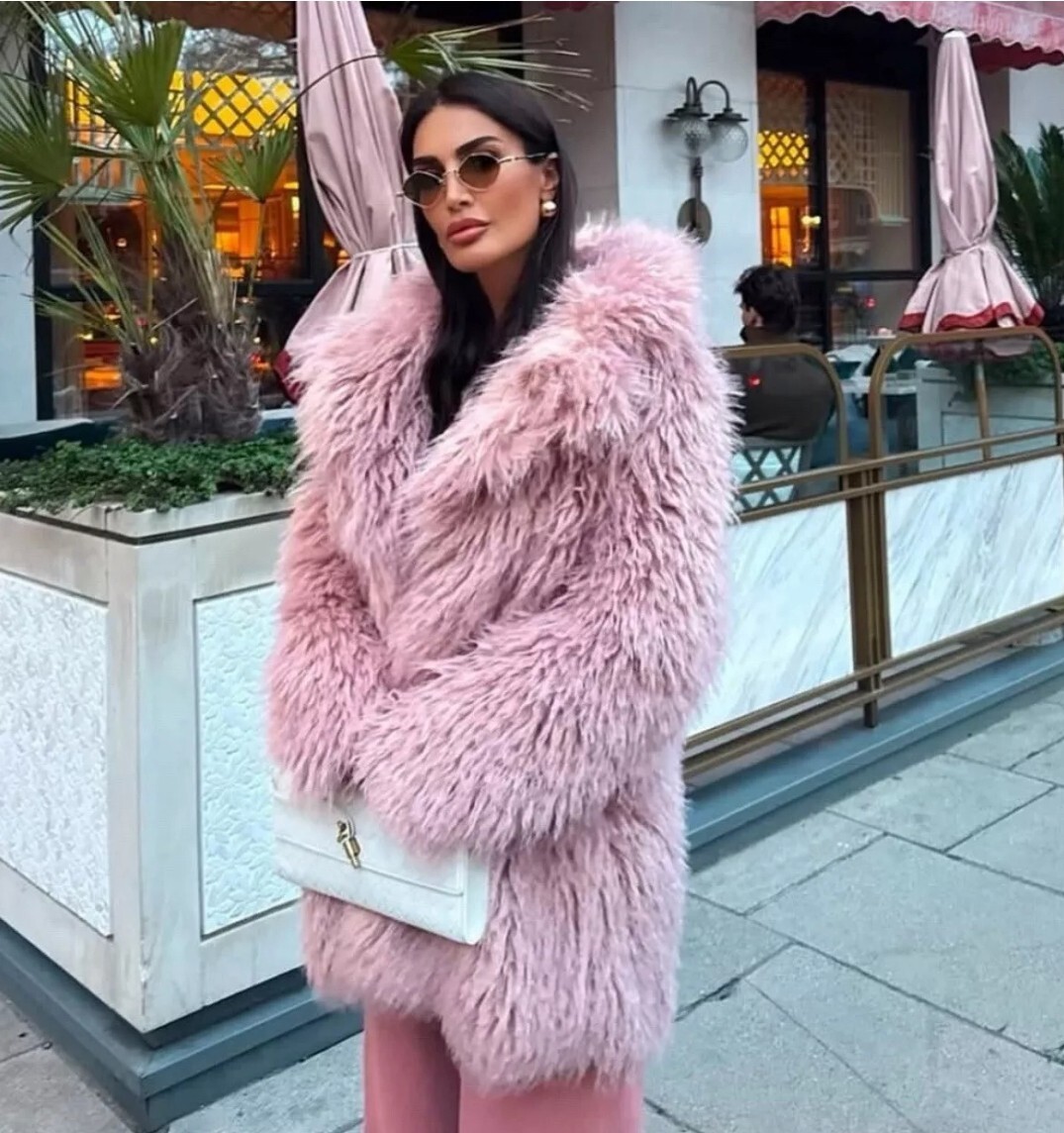  Faux Fur Coat PINK Sサイズ Baby Pink Shaggy Fur Coat, Fluffy Jacket, Furry, 100