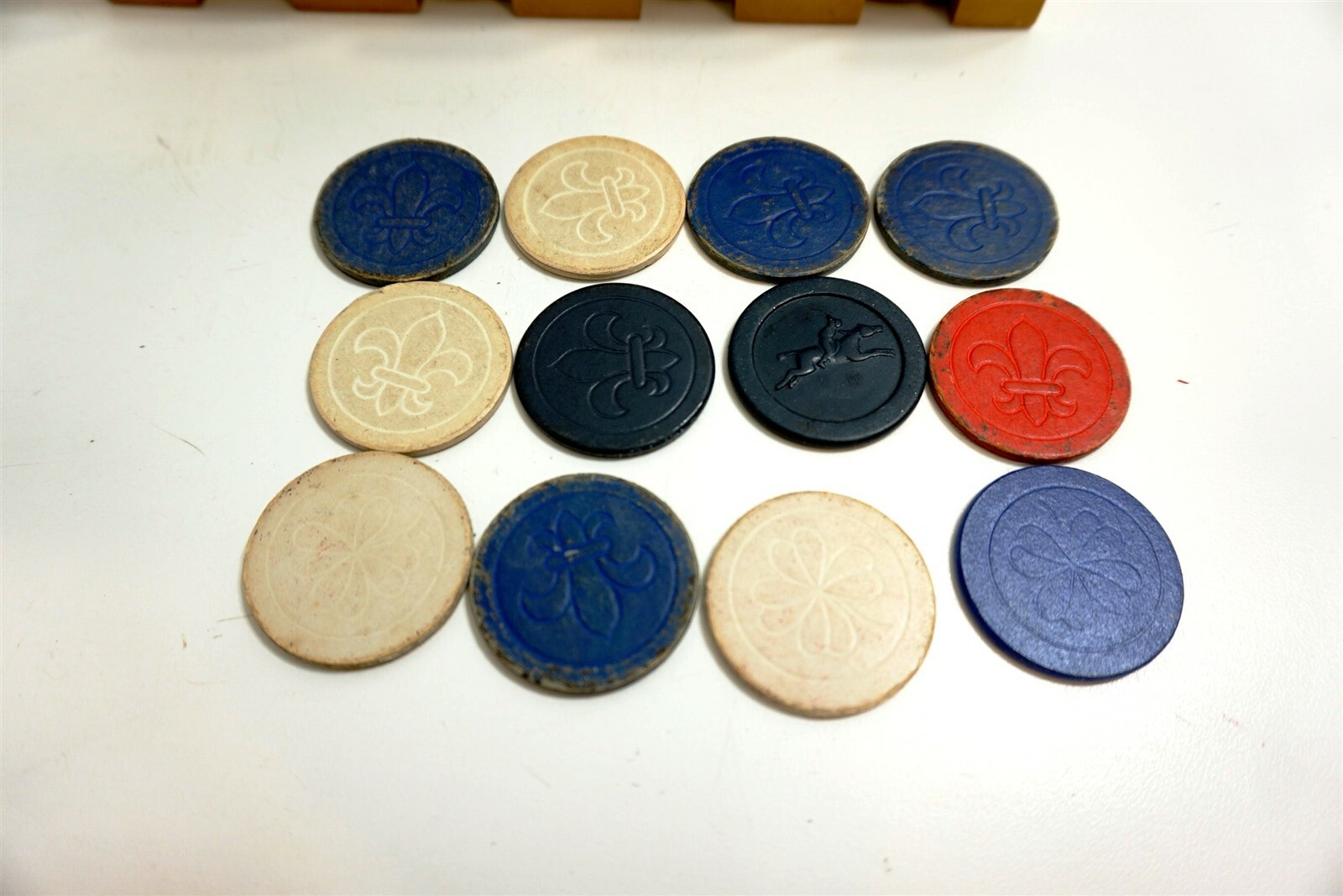 Antique / Vintage wooden Poker chips inside a Burl Walnut (??) wood