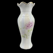 Vintage Porcelain Hand Painted Vase Camellia Flowers Scalloped Gold Edge Fluted