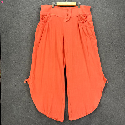 Flamingo Pants Women 2XL Coral Linen Viscose Pull On Bottom Slits Wide Leg Boho