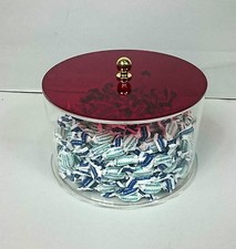 Espositore da banco in plexiglass rosso fluo per caramelle a forma cilindrica