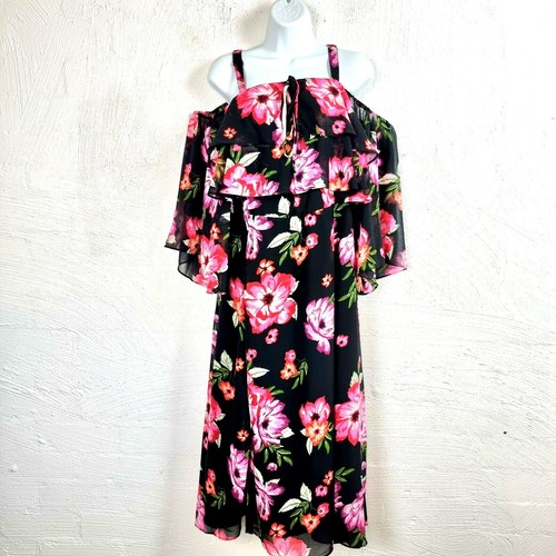 AUTOGRAPH Womens Midi Dress Plus Size 14 Black/Pink Floral Cold Shoulder A-line