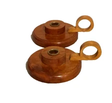 Vintage Primitive Style Walnut Wood Finger Loop Candle Holders - Set Of 2