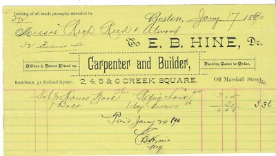 1890 Invoice, E.B. Hine, Dr., Carpenter And Builder, Boston, Massachusetts