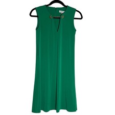 Calvin Klein Sleeveless Emerald Green Swing dress V-neck gold embellishments 
