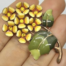 Vintage Enamel Flower Bouquet Brooch Pin Orange Yellow Rhinestone Mid Century