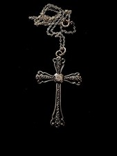 Vintage Kats Creations Beautiful Silvertone Cross On 20” Fine Necklace