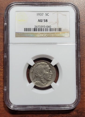 1937 Buffalo Nickel NGC AU 58 Choice AU+ nr UNC Slabbed Certified 5c Coin