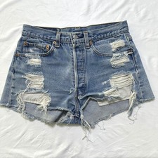 VTG Levis 501 USA Cut Off Denim Shorts W31 Thrashed Distressed Grunge Button Fly